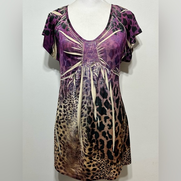 Y2K Vintage Animal Print Boho Beaded Tunic Blouse - Picture 1 of 9